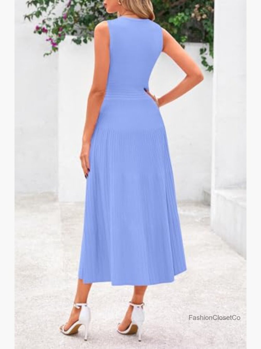 Sleeveless A-Line Pleated Midi Dress - Crew Neck Casual Cocktail Work Dress - Picture 2 of 7